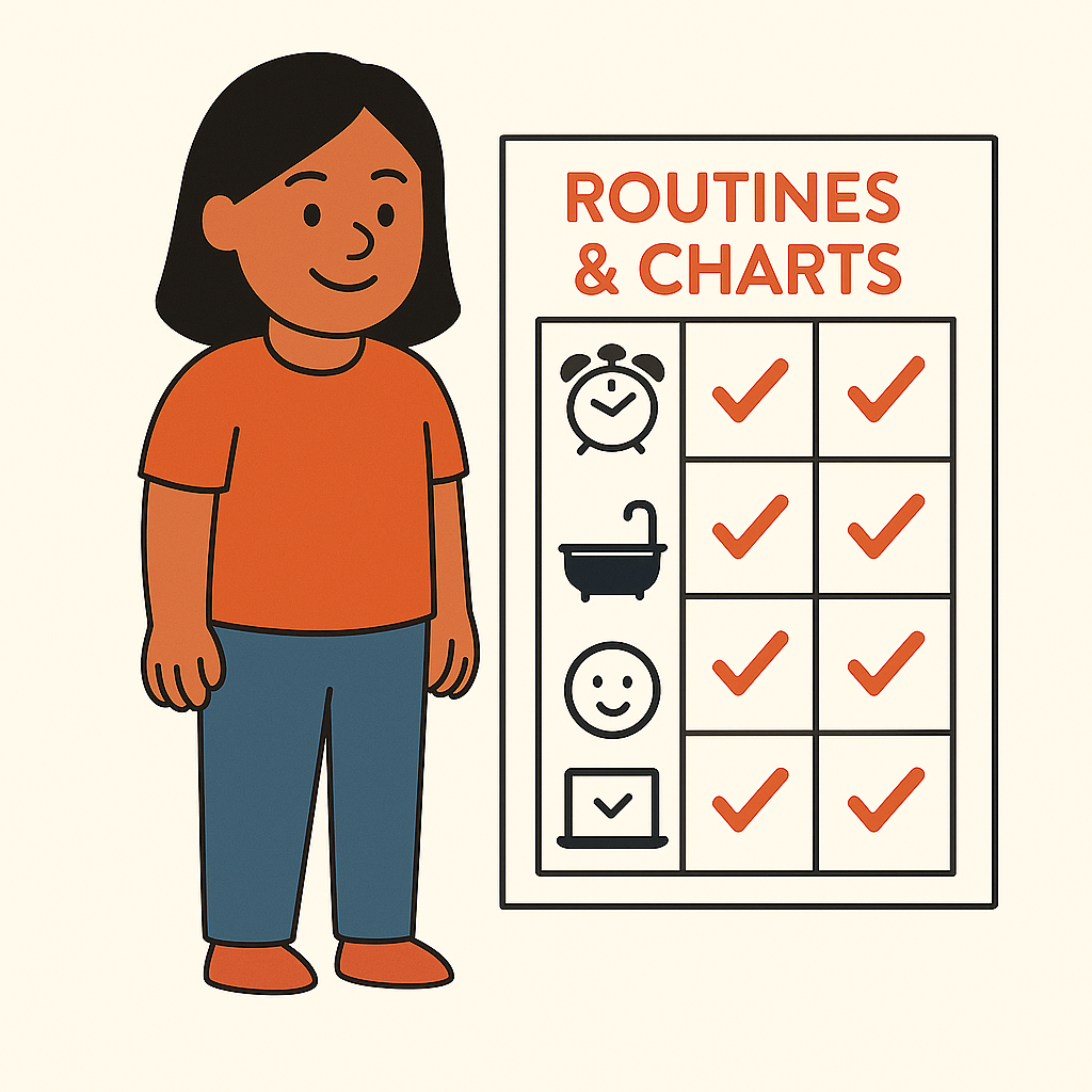 Illustration of person with routines and charts board showing completed daily tasks