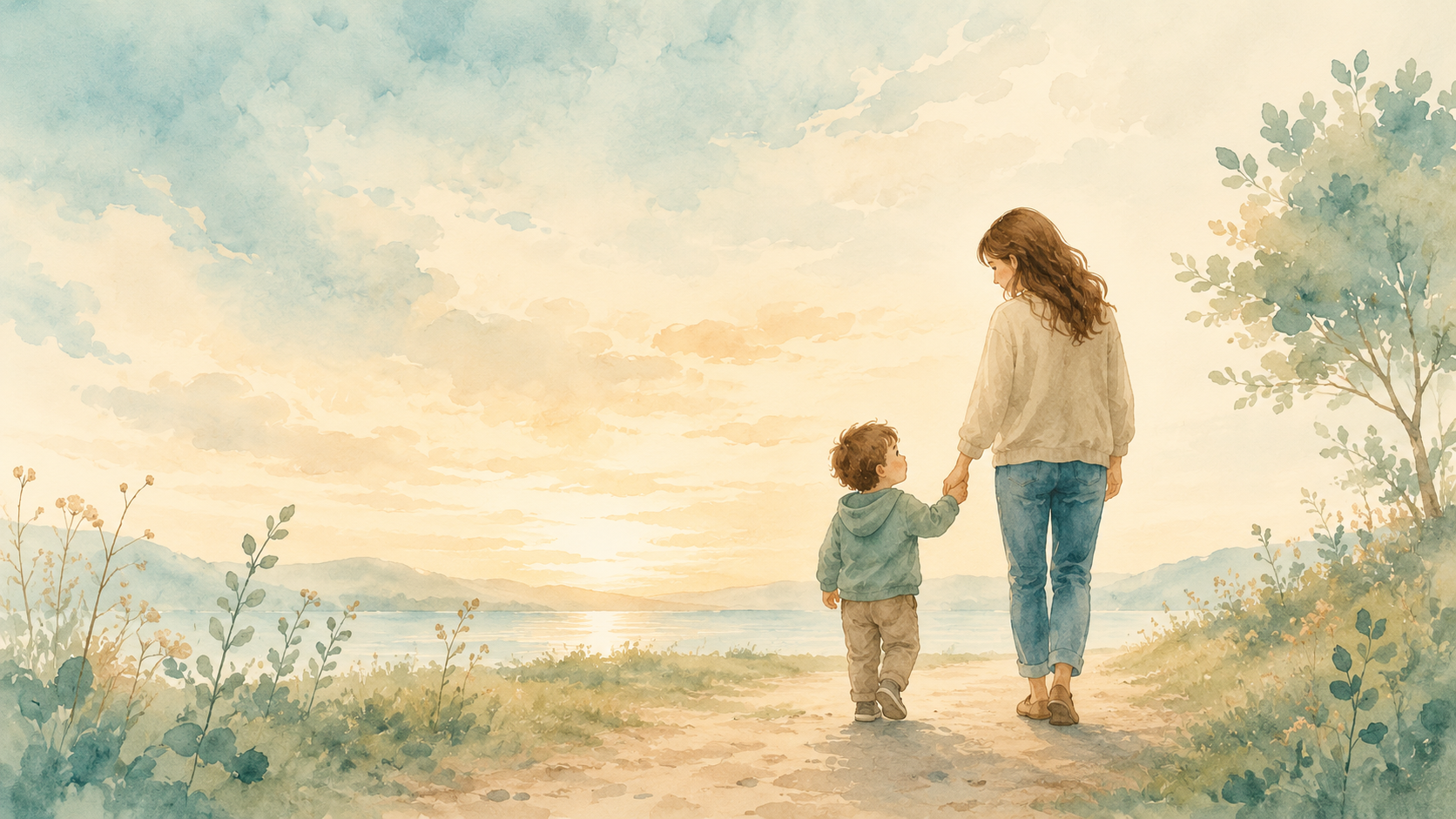 Calm, reassuring sky with soft light, representing a child finding safety from worry.