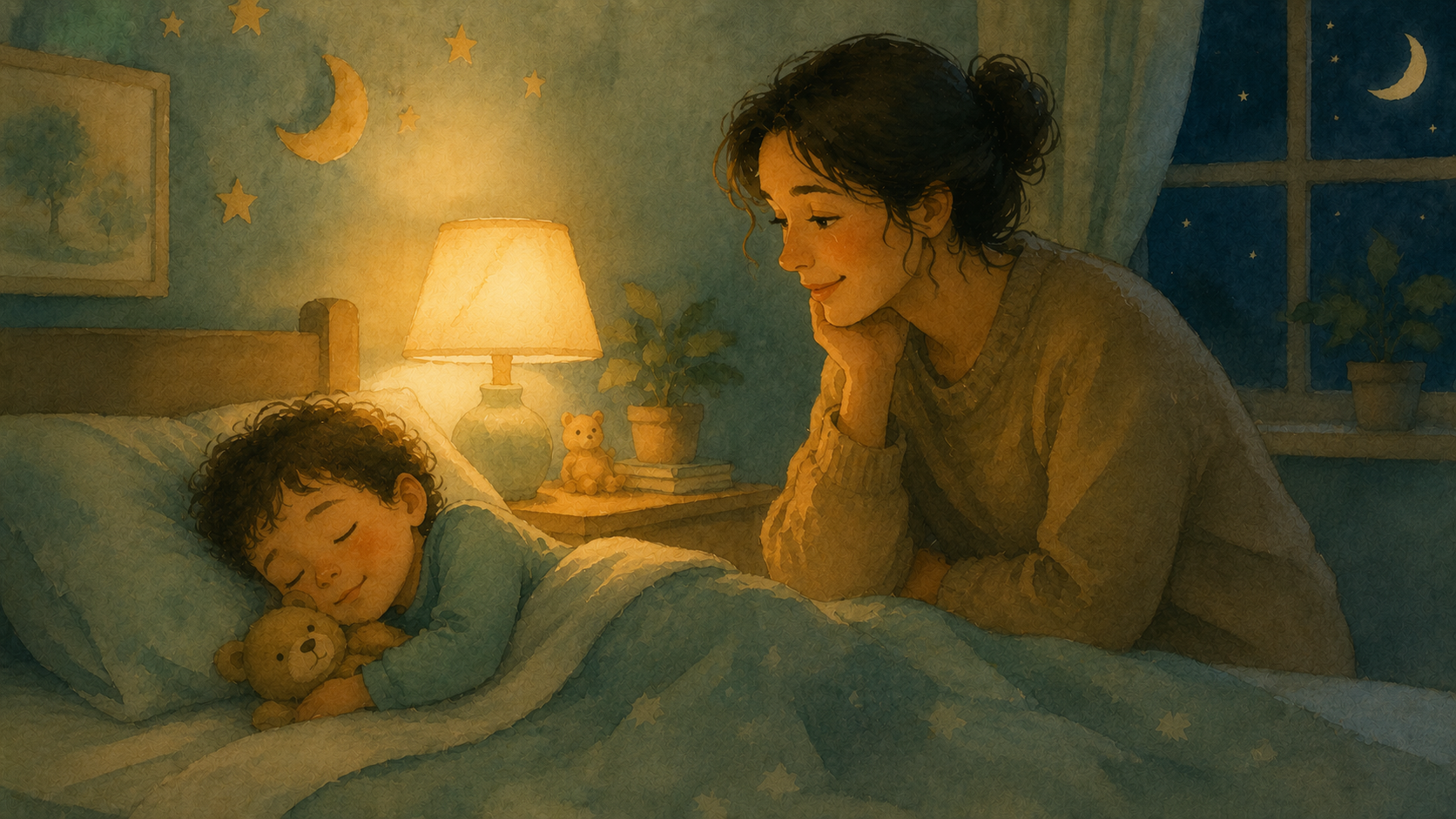A parent sitting calmly beside a sleeping child in a cozy, lamp-lit bedroom, representing a peaceful bedtime.