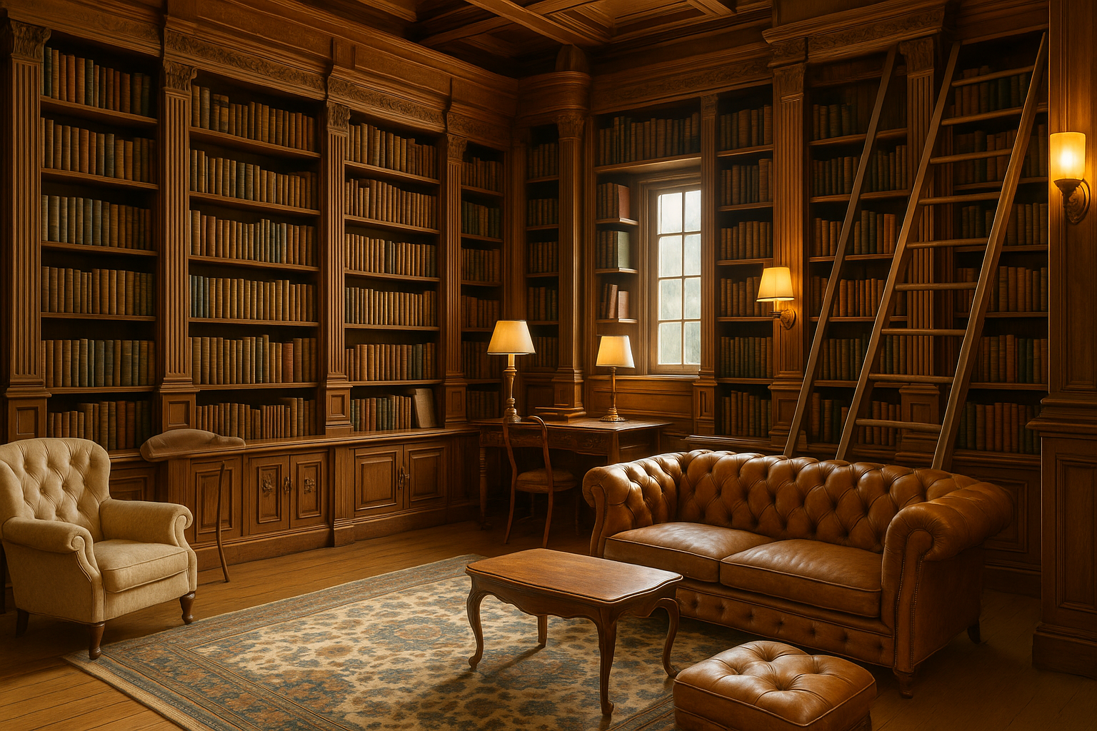 Grand library with wooden bookshelves and warm lighting