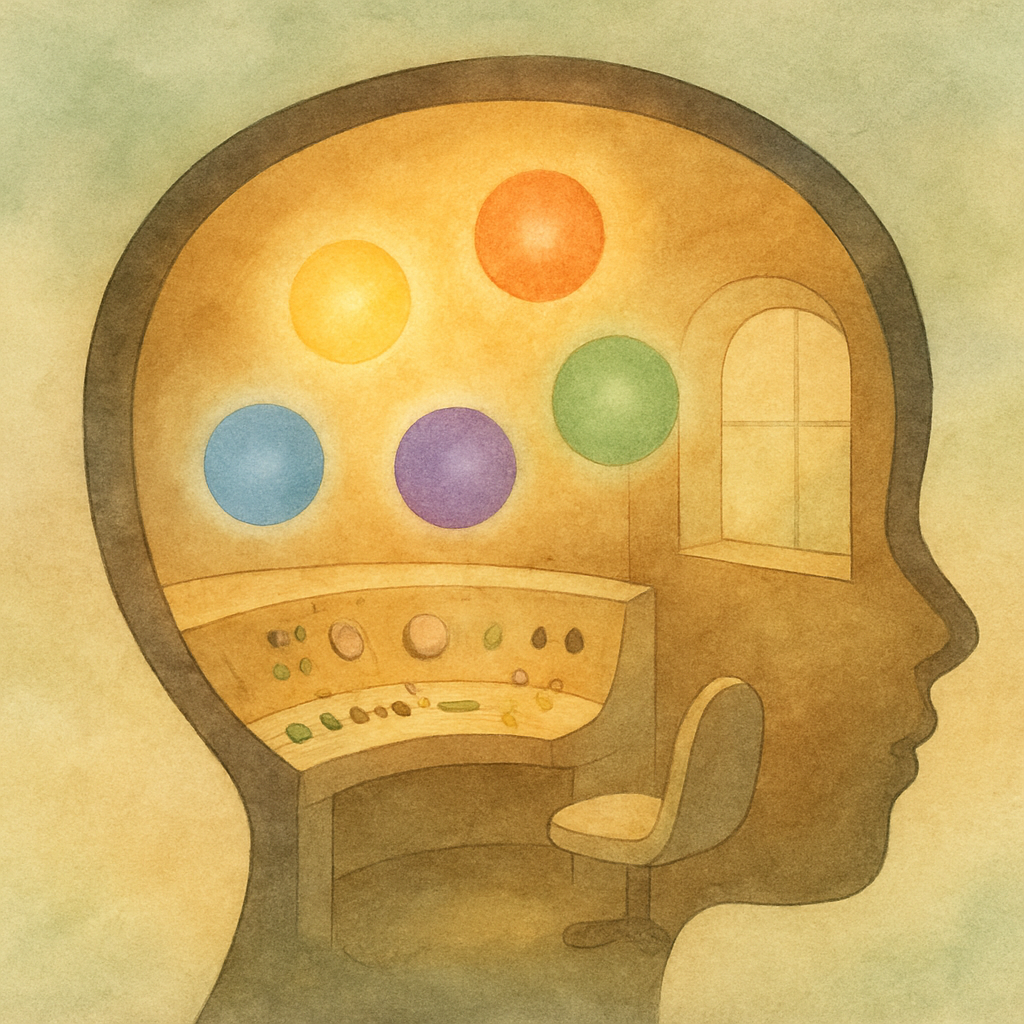 Softly glowing colored orbs representing different emotions inside a child's mind.