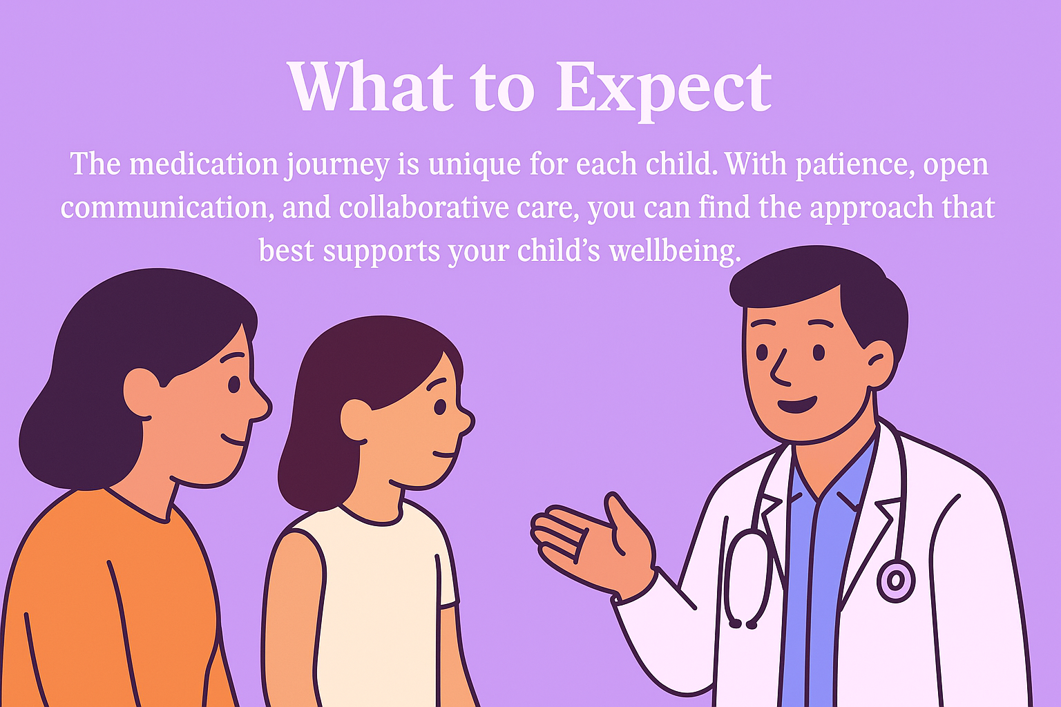 Doctor discussing medication options with parent and child - What to Expect illustration