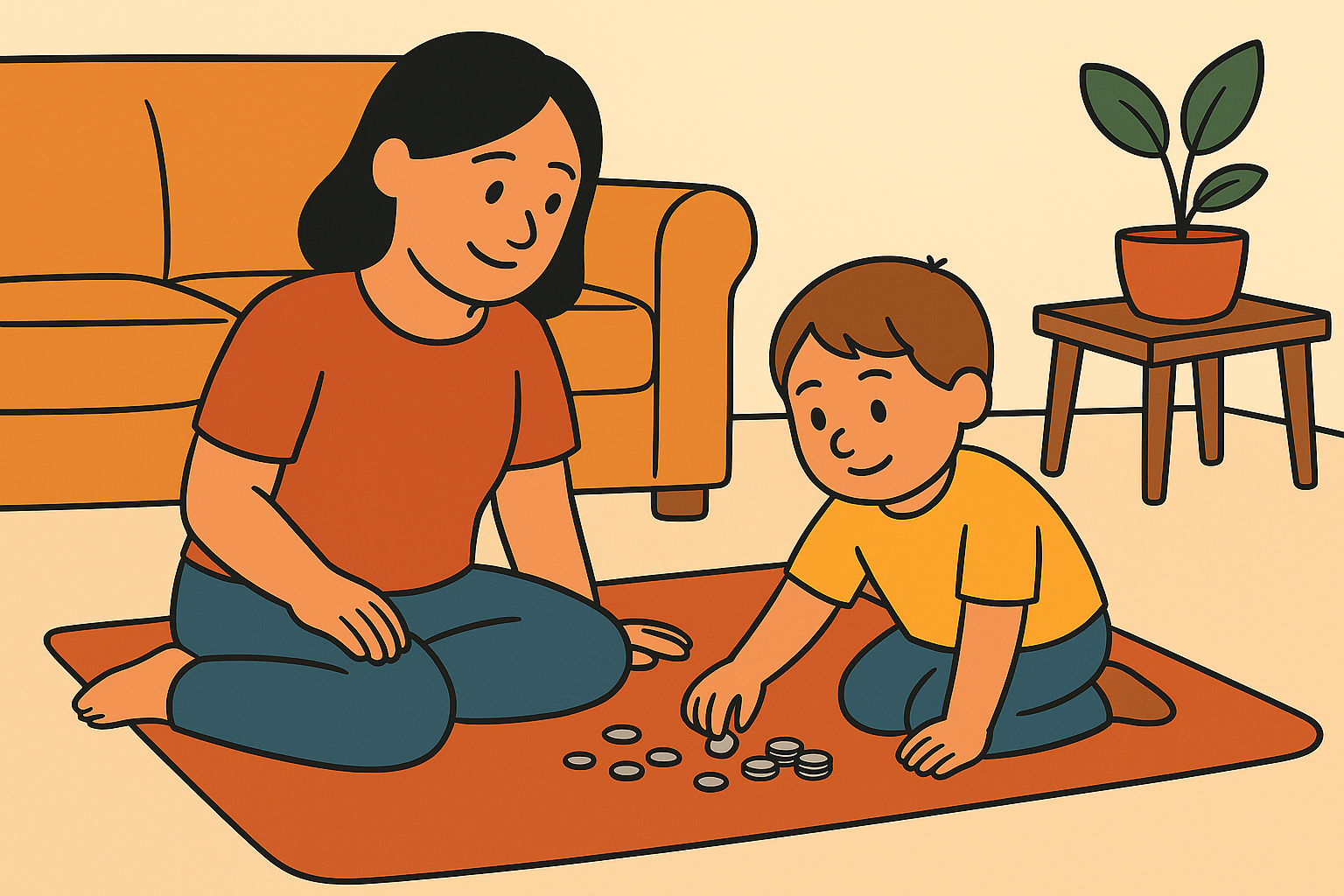 Parent and child counting coins together