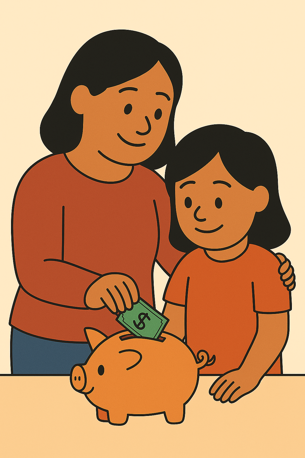 Parent teaching child to save money with piggy bank