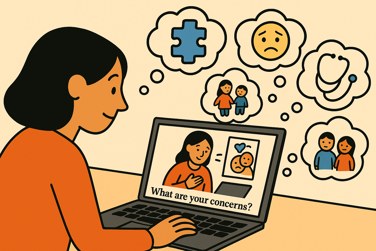 Parent at laptop with parenting concerns in thought bubbles - puzzle piece, sad face, stethoscope, and family figures