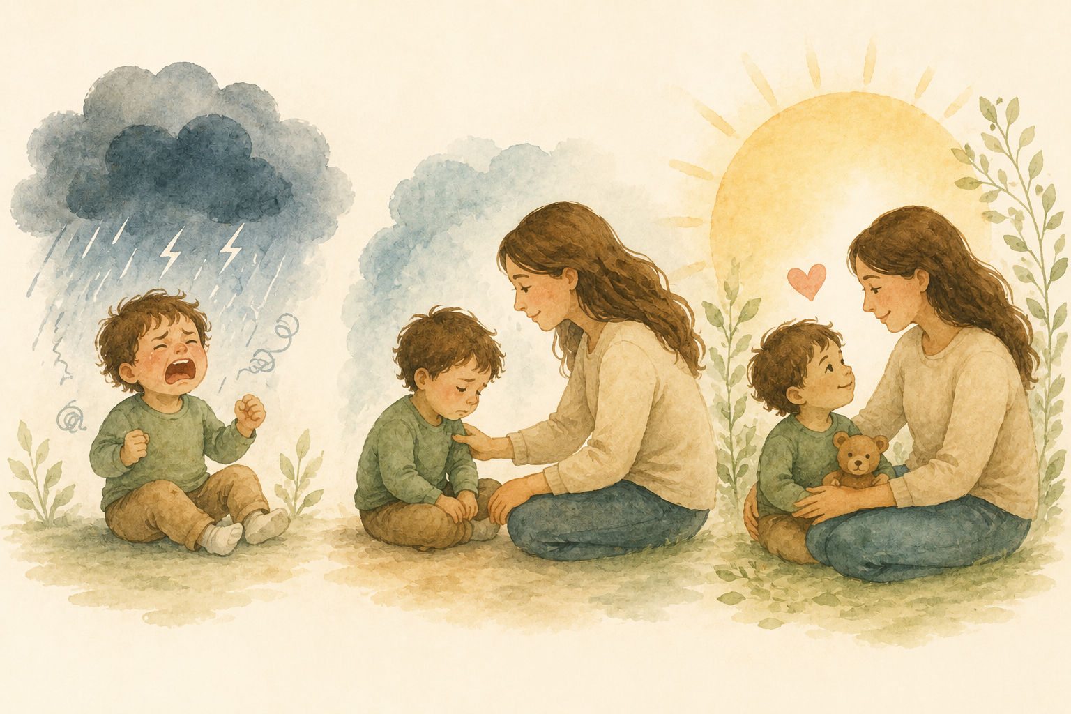 Watercolor illustration of a toddler crying under a storm cloud, then being comforted by a parent, then calm and smiling with a teddy bear under a warm sun.