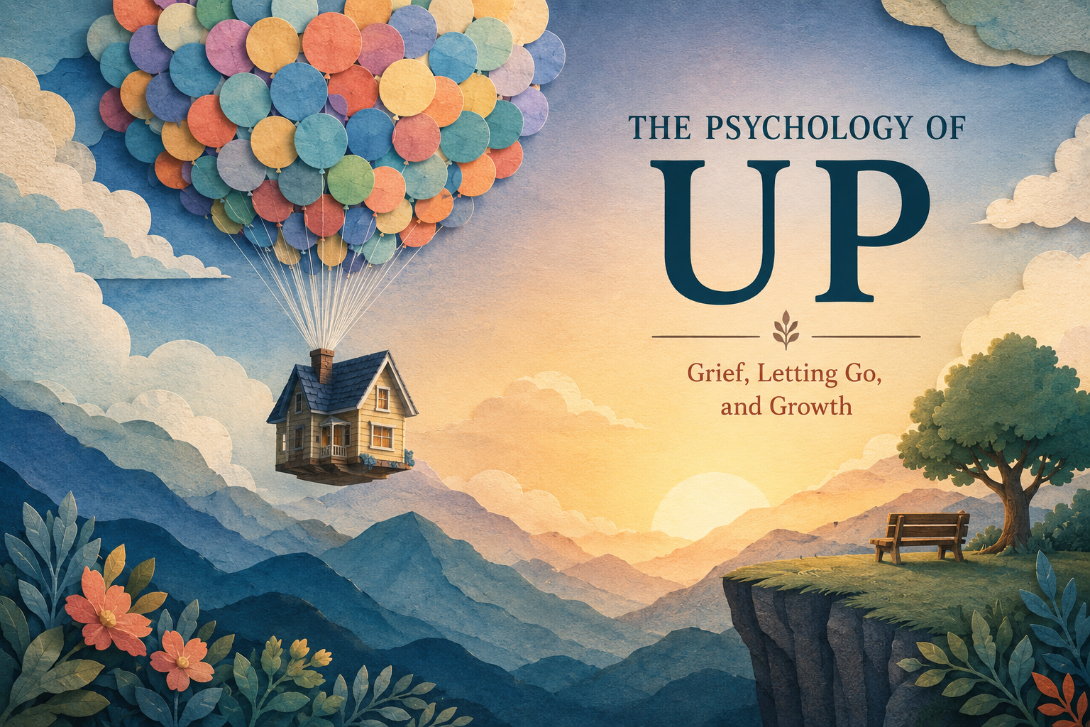 A house lifted by pastel balloons drifting over soft mountains, representing grief and letting go.